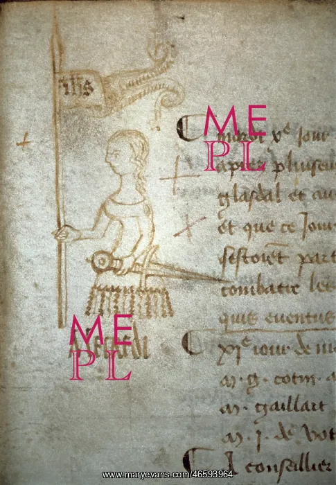 : Joan of Arc holding a sword and a banner. Sketch : Joan of Arc holding a sword and a banner. Sketch