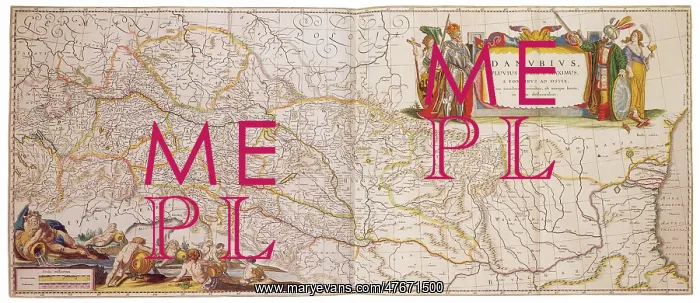 : Joan Blaeu, Danube River Map, 17th Century : Joan Blaeu, Danube River Map, 17th Century