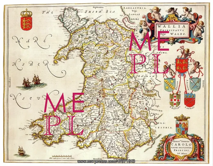 : Joan Blaeu, Wales Map, 17th Century : Joan Blaeu, Wales Map, 17th Century