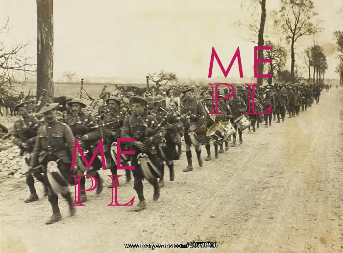 : Jocks being piped back after being in the trenches : Jocks being piped back after being in the trenches