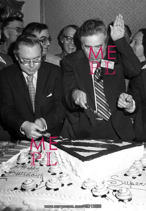 : JOE SHUSTER, with Jerry Siegel celebrating ? : JOE SHUSTER, with Jerry Siegel celebrating ?