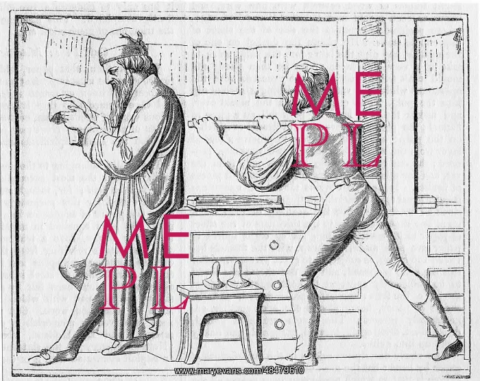 : Johann Gutenberg (c1400-1468) reading proofs while : Johann Gutenberg (c1400-1468) reading proofs while