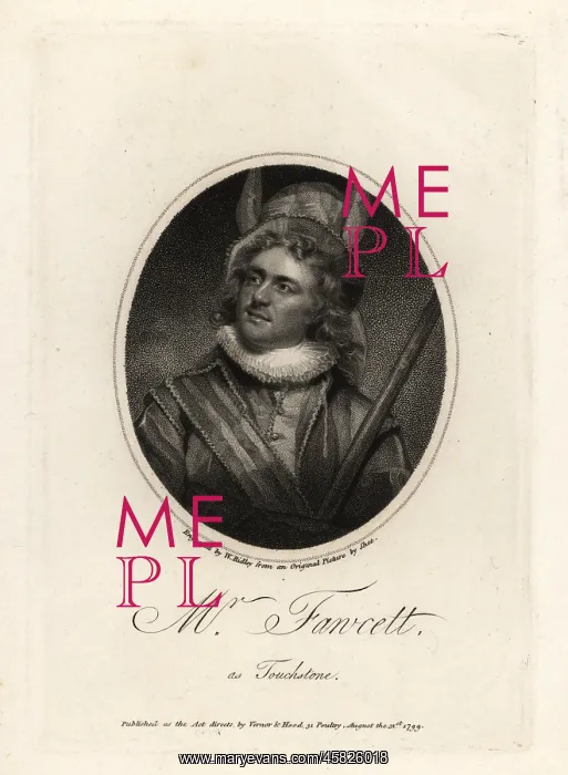 : John Fawcett, in costume as the jester Touchstone : John Fawcett, in costume as the jester Touchstone