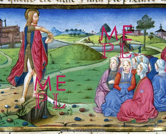 : John preaches and baptizes. Codex of Predis (1476). Italy : John preaches and baptizes. Codex of Predis (1476). Italy