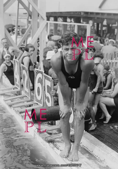 : Johnny Weissmuller at competitive swimming event : Johnny Weissmuller at competitive swimming event
