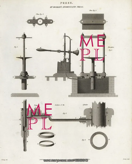 : Joseph Bramah's hydrostatic (hydraulic) press, 18th century : Joseph Bramah's hydrostatic (hydraulic) press, 18th century