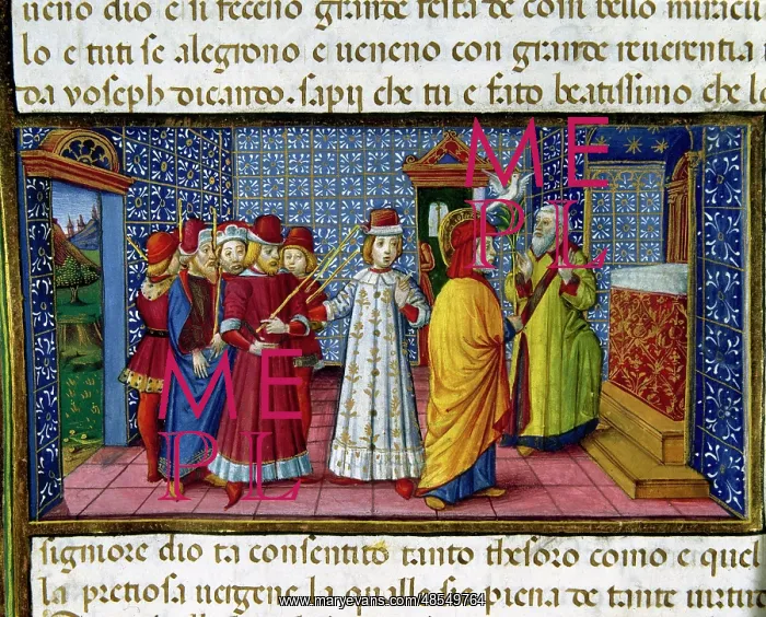: Joseph is elected Mary's husband. Codex of Predis (1476). It : Joseph is elected Mary's husband. Codex of Predis (1476). It