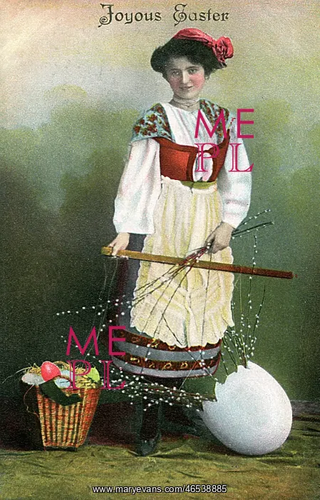 : Joyous Easter - Maiden carrying Eggs and spring fronds : Joyous Easter - Maiden carrying Eggs and spring fronds