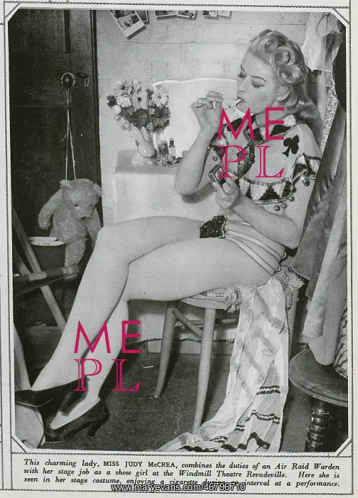 : Judy McCrea, smoking backstage at Windmill Theatre : Judy McCrea, smoking backstage at Windmill Theatre