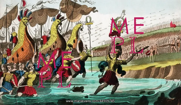 : Julius caesar and roman troop ships landing in : Julius caesar and roman troop ships landing in