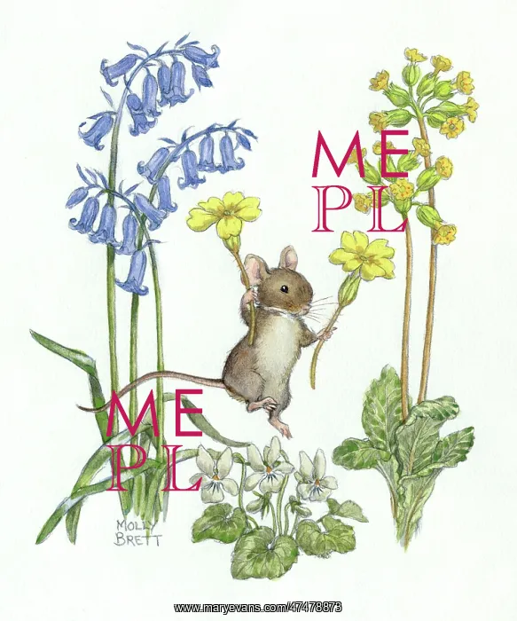 : Jumping mouse holding primroses, with bluebells : Jumping mouse holding primroses, with bluebells