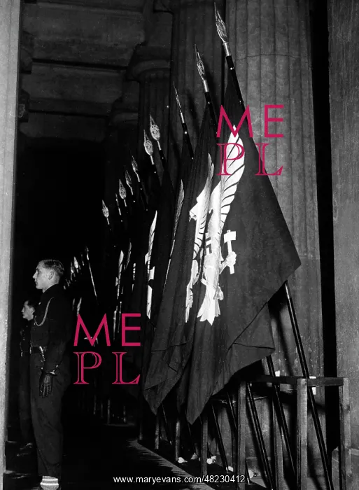 : Jungbann flags before a memorial, 1935 : Jungbann flags before a memorial, 1935