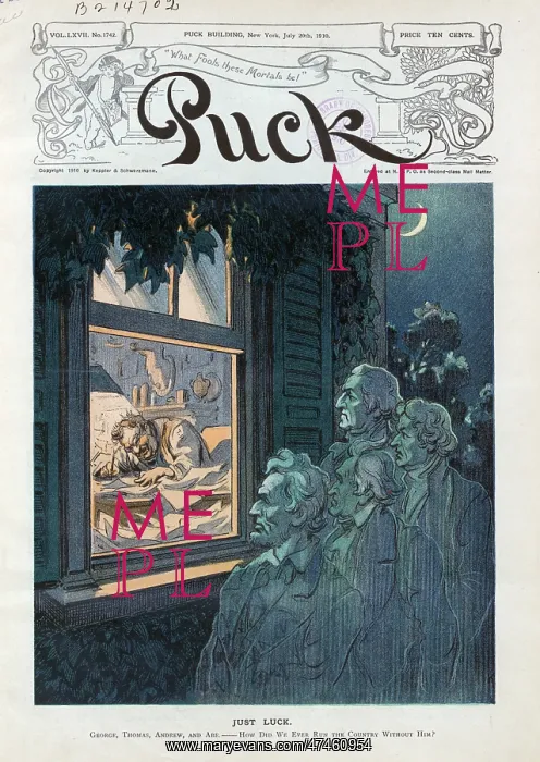 : Just luck. Illustration shows Theodore Roosevelt furiously writing at a : Just luck. Illustration shows Theodore Roosevelt furiously writing at a