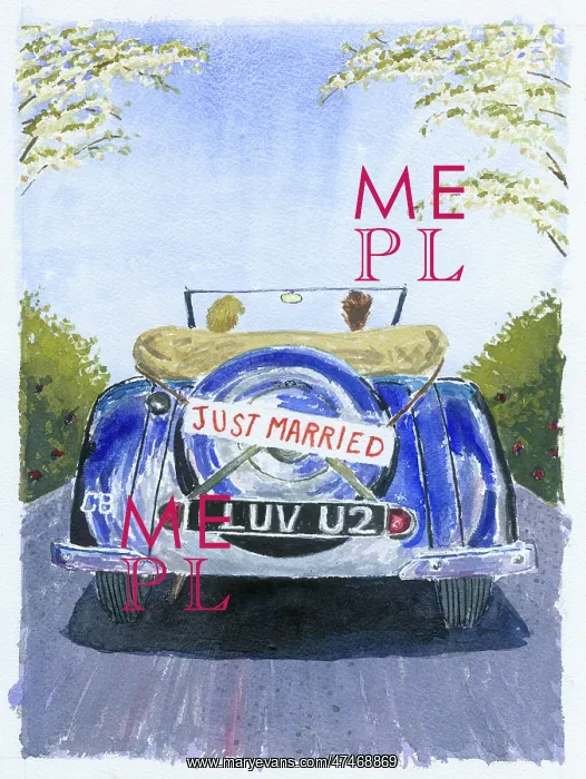  : Just Married card with Blue Wedding Car