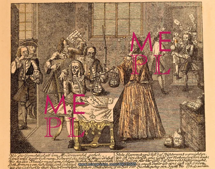 : justice, caricature, copper engraving, coloured : justice, caricature, copper engraving, coloured