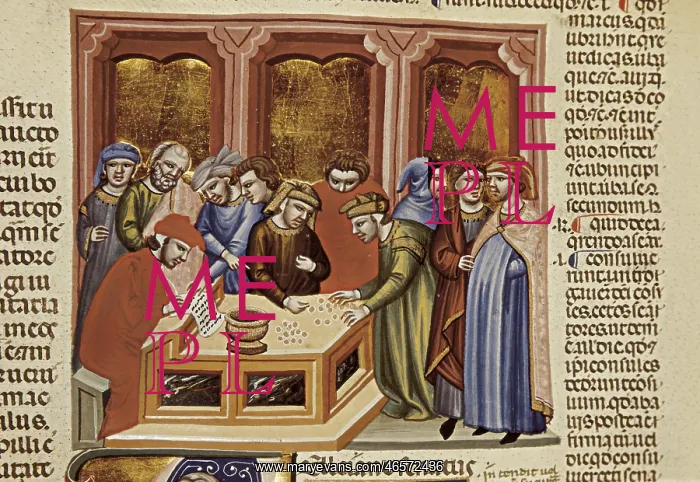 : Justinian Code. ca. 1350. Money changer and trade : Justinian Code. ca. 1350. Money changer and trade