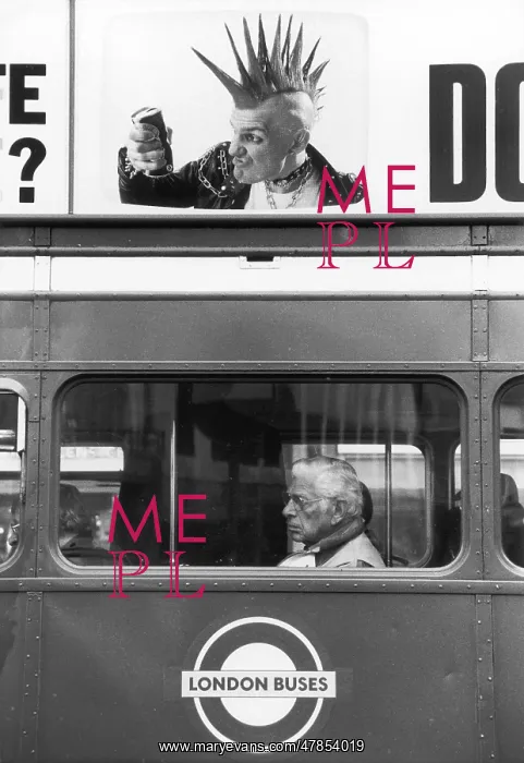 : Juxtaposition of bus passenger and advertising punk : Juxtaposition of bus passenger and advertising punk