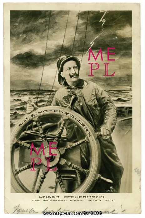 : Kaiser figure steering ship in rough seas : Kaiser figure steering ship in rough seas