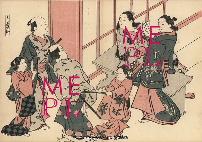 : Two kamuro maids try to drag two samurai to : Two kamuro maids try to drag two samurai to
