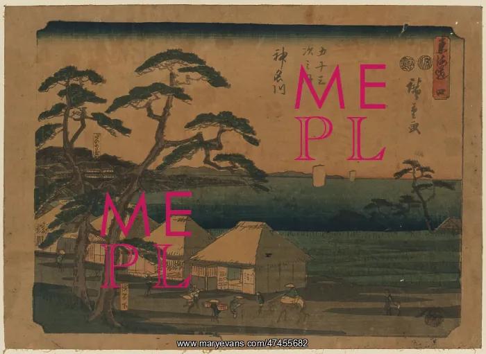 : Kanagawa. Print shows travelers passing thatched roof buildings at the : Kanagawa. Print shows travelers passing thatched roof buildings at the