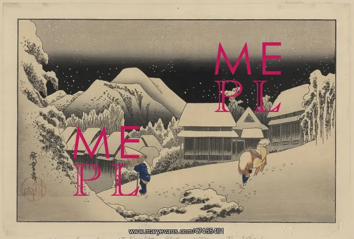 : Kanbara. Print shows travelers walking in the snow at night at the Kanbara : Kanbara. Print shows travelers walking in the snow at night at the Kanbara