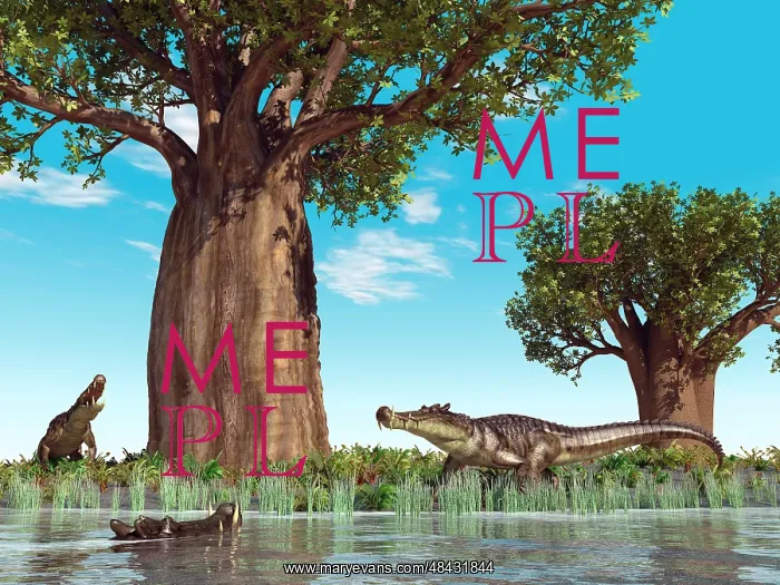 : Kaprosuchus crocodyliforms near a baobab tree in a ? : Kaprosuchus crocodyliforms near a baobab tree in a ?