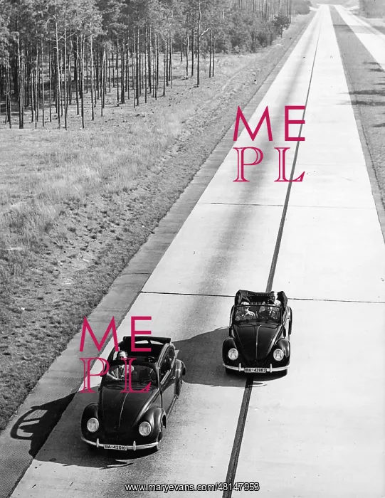 : Two KDF Beetles on the highway, near Berlin, 1938 : Two KDF Beetles on the highway, near Berlin, 1938