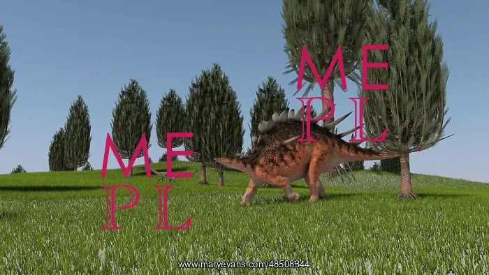 : Kentrosaurus and a Coelophysis walking across an open field : Kentrosaurus and a Coelophysis walking across an open field