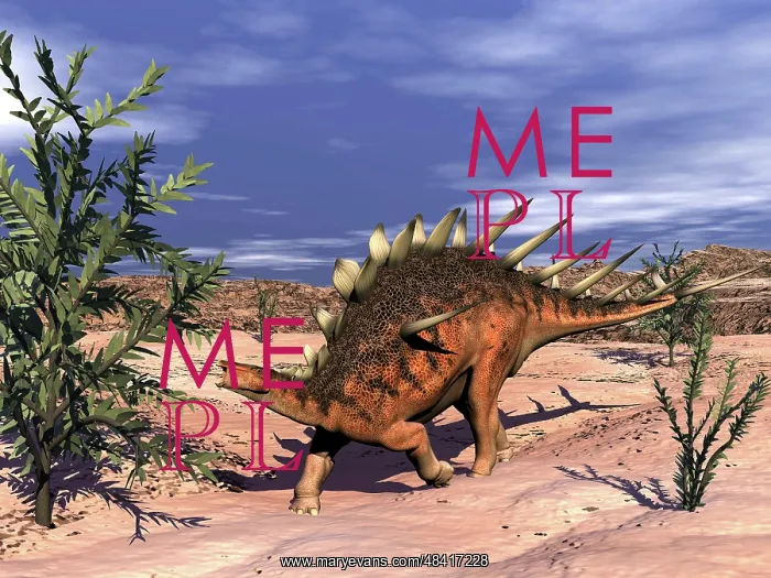 : Kentrosaurus dinosaur grazing on a dicroidium plant : Kentrosaurus dinosaur grazing on a dicroidium plant