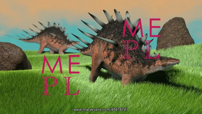 : Two Kentrosaurus dinosaurs walking across a grassy field : Two Kentrosaurus dinosaurs walking across a grassy field