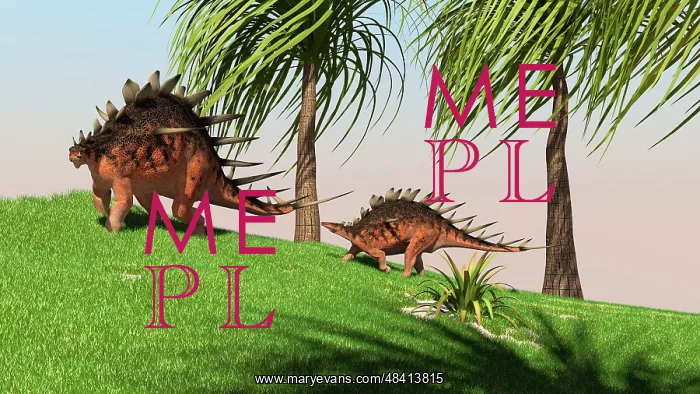 : Two Kentrosaurus dinosaurs walking across an open field : Two Kentrosaurus dinosaurs walking across an open field