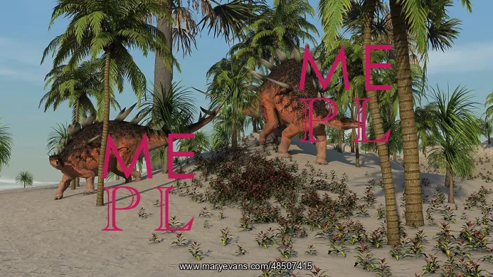 : Two Kentrosaurus dinosaurs walking in a tropical environment : Two Kentrosaurus dinosaurs walking in a tropical environment