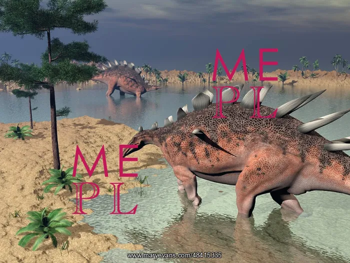 : Kentrosaurus dinosaurs walking in the water next to sand ? : Kentrosaurus dinosaurs walking in the water next to sand ?