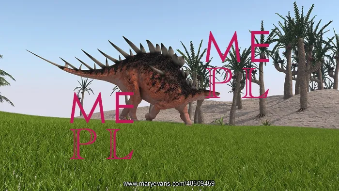 : Kentrosaurus walking across a grassy field : Kentrosaurus walking across a grassy field