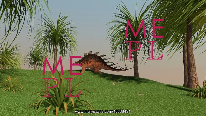 : Kentrosaurus walking across an open field : Kentrosaurus walking across an open field