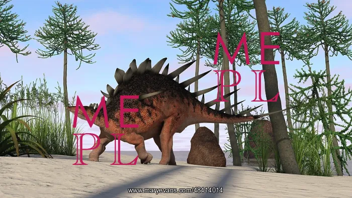 : Kentrosaurus walking across a prehistoric landscape : Kentrosaurus walking across a prehistoric landscape