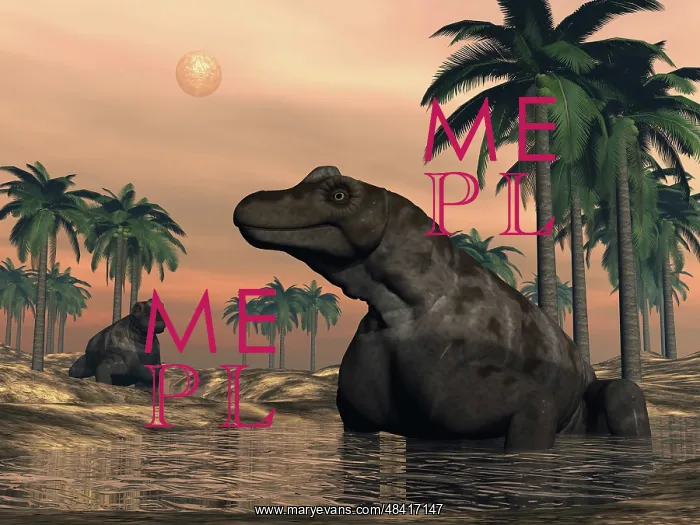 : Keratocephalus dinosaurs in a small lake at sunset : Keratocephalus dinosaurs in a small lake at sunset