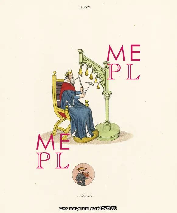 : King David playing handbells from a 14th century manuscript : King David playing handbells from a 14th century manuscript