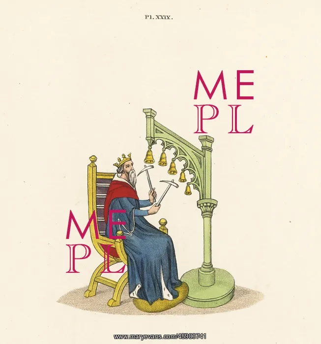 : King David playing handbells from a 14th century manuscript : King David playing handbells from a 14th century manuscript
