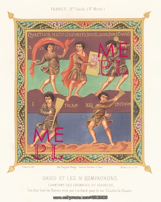 : King David playing music with four musicians and dancers : King David playing music with four musicians and dancers