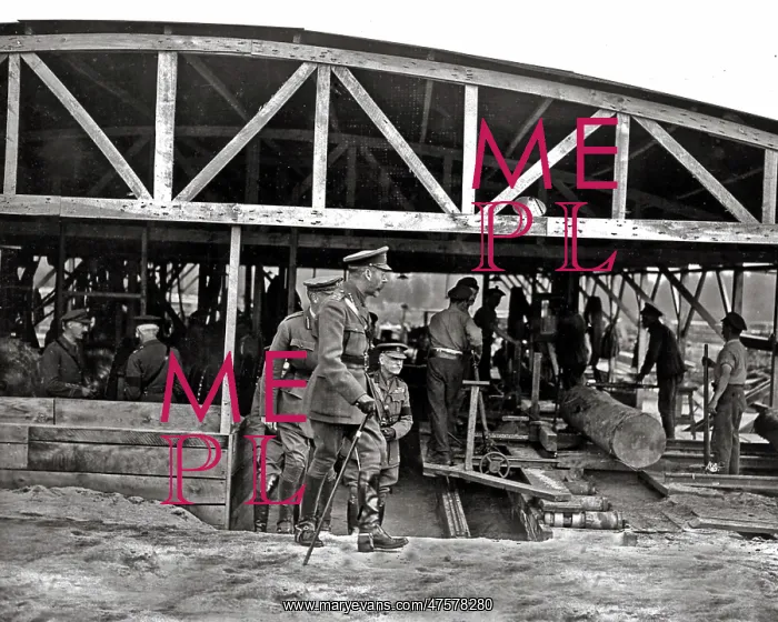 : King George V visiting a sawmill, Western Front, WW1 : King George V visiting a sawmill, Western Front, WW1