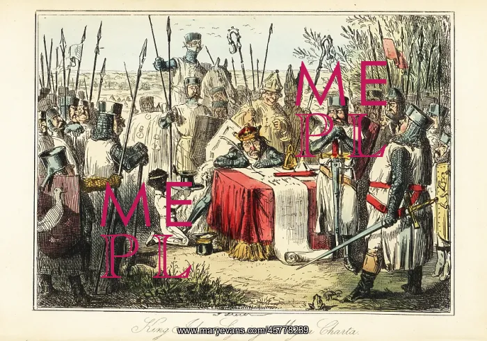 : King John surrounded by barons and bishops signing : King John surrounded by barons and bishops signing