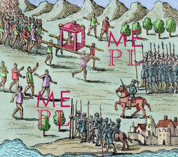 : The King of Michoacan visit to Hernan Cortes. Colored engrav : The King of Michoacan visit to Hernan Cortes. Colored engrav