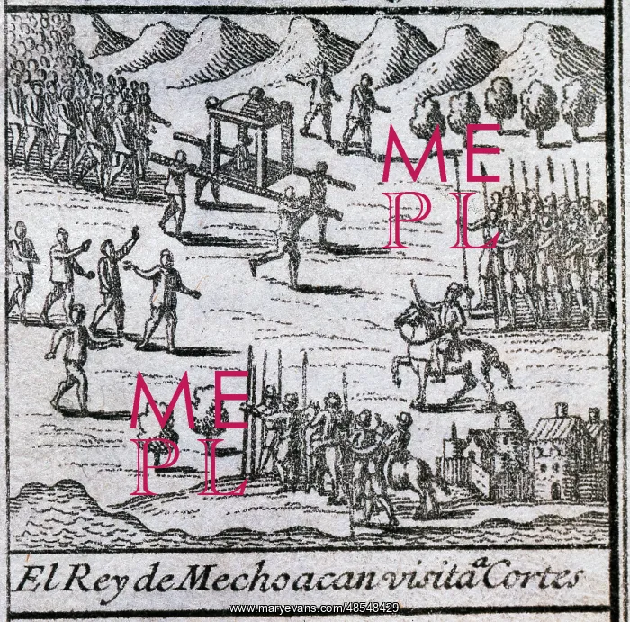 : The King of Michoacan visit to Hernan Cortes. Engraving : The King of Michoacan visit to Hernan Cortes. Engraving