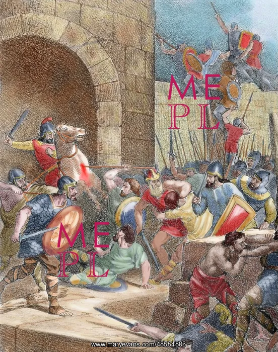  : King Wamba (d.687) at the siege of Nimes (673). Colored engr