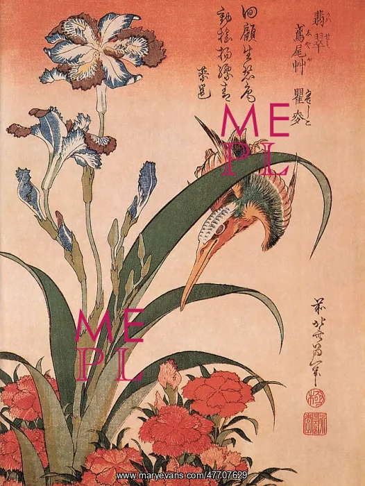  : Kingfisher and Shaga Iris, by Hokusai