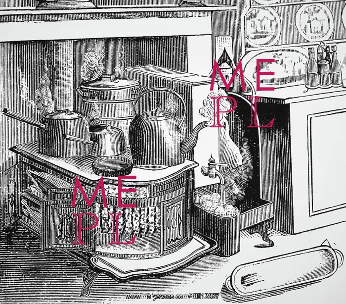 : Kitchen with a box stove of the type particularly : Kitchen with a box stove of the type particularly