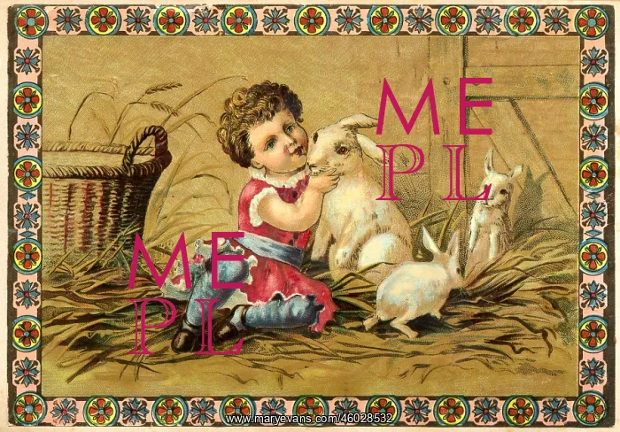 : kitsch / hokum, child is playing with rabbits : kitsch / hokum, child is playing with rabbits