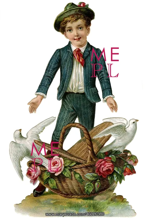 : kitsch / souvenir, boy with white doves in basket : kitsch / souvenir, boy with white doves in basket