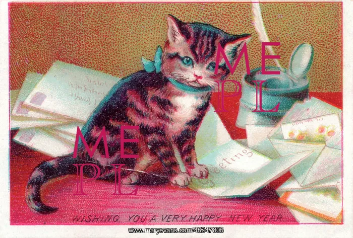  : Kitten with letters on a New Year card